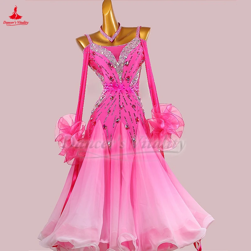 Female Ballroom Dance Rose Gradient Color Long Sleeves Dresses with Necklace Customize Foxtrot Waltz Perform and Contest Costume
