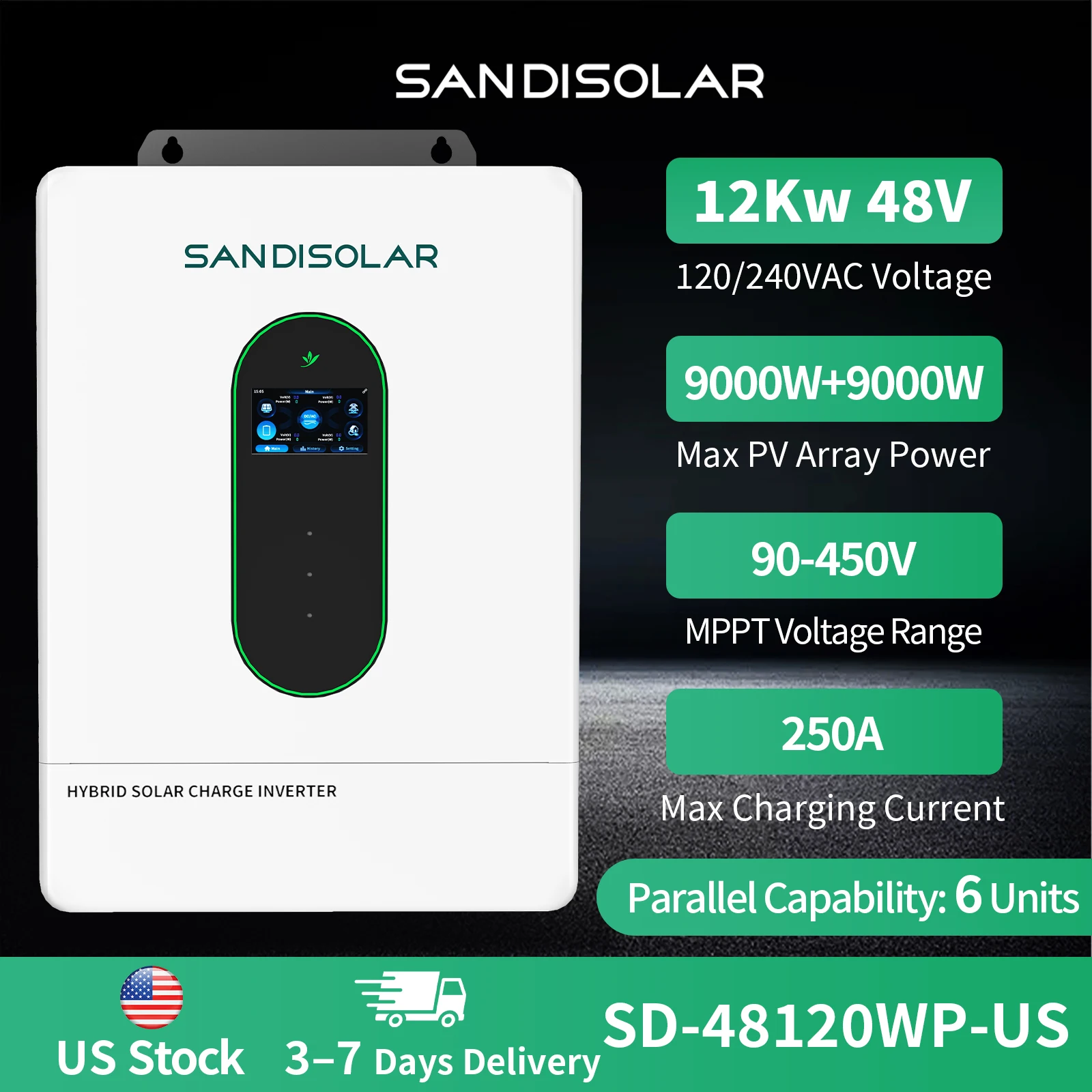 

SANDISOLAR 12KW 48V Solar Inverter High Power 250A Charger 500VDC MPPT 120V/240V Hybrid Off Grid Inverter Parallel 6 Units Max