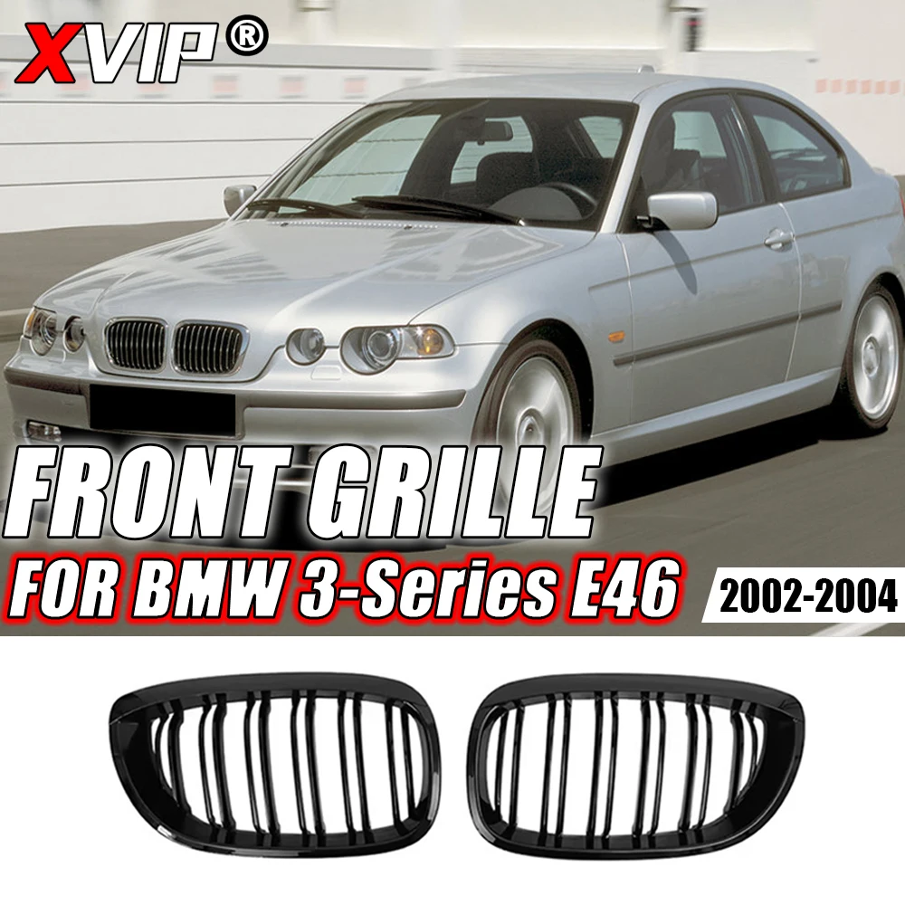 XVIP Matte Double Line Style Front Bumper Racing Grille For BMW 3 Series E46 2-Door 2002-2004 All Black Dual Slats Kidney Grill