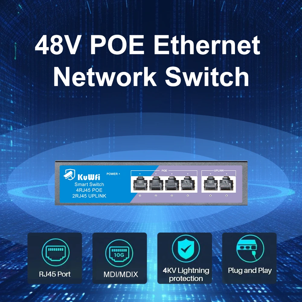 KuWfi POE Switch 4 8 Port 100Mbps, saklar Ethernet dengan RJ45 POE & Port Uplink Cepat untuk kamera IP nirkabel AP Switch ponsel IP