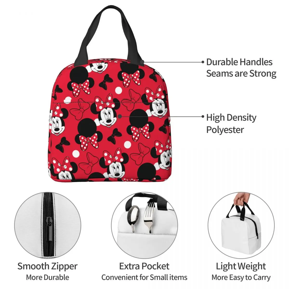 Red Mickey Minnie Bowtie borsa termica per il pranzo contenitore per pasti portatile borsa termica Tote Lunch Box lavoro viaggio Bento Pouch