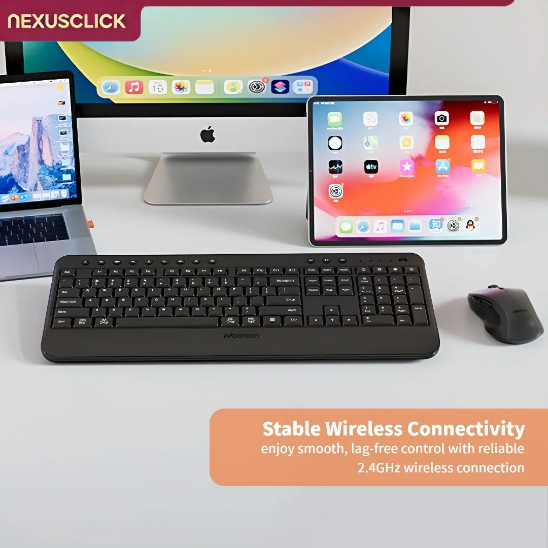 NexusClick 2.4G Wireless Keyboard Mouse Set,USB Receiver Low Profile Switch Adjustable DPI Ergonomic Combo Computer Home Office