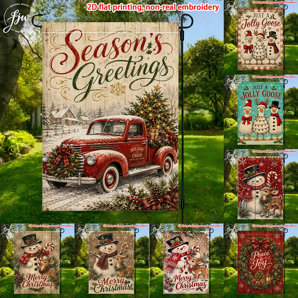 1pcs Christmas Garden Flags Vintage Farm Truck Snowman Xmas Decor Outdoor Yard Flag Seasonal Holiday Banner for Outside