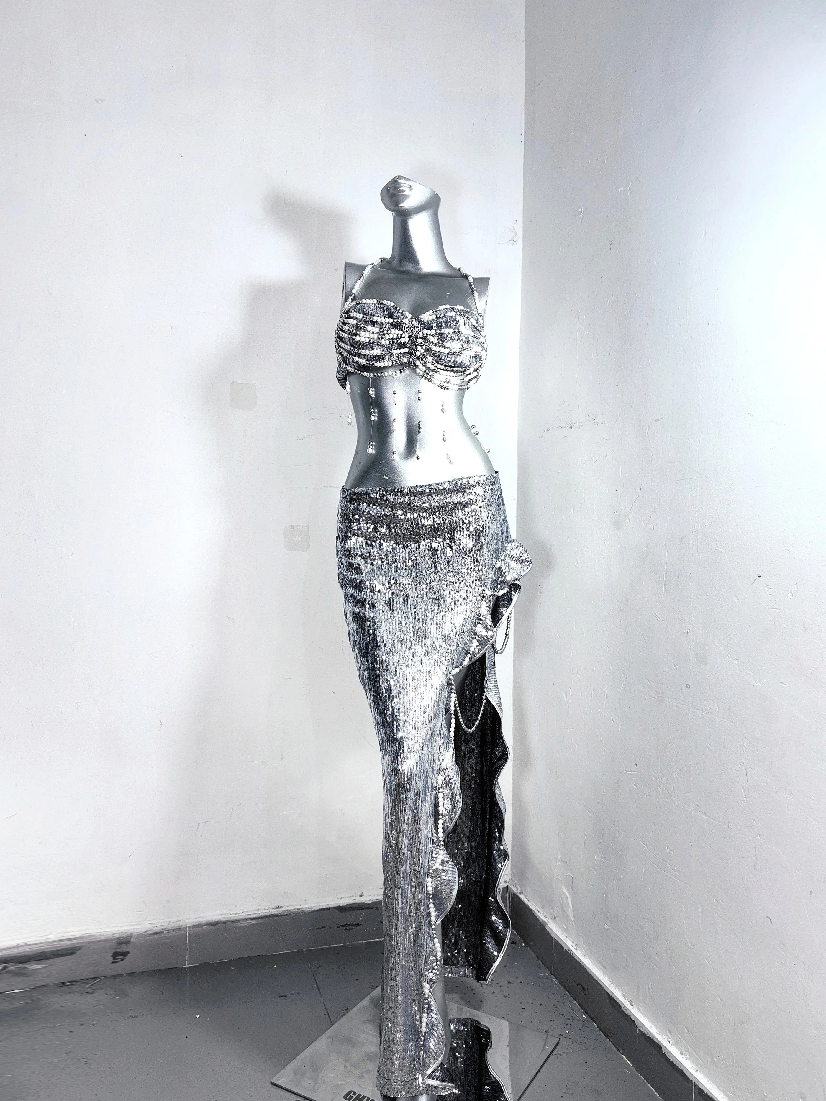 Nicho diseñador estilo hecho a mano gótico cadena decoración vestido dividido hendidura Maxi