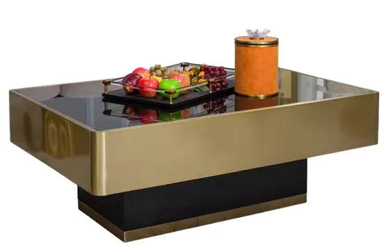 European Style Premium Stainless Steel Coffee Table Gold-Plated Sealing Glaze Tempered Glass Black Oil Technology Home Furniture