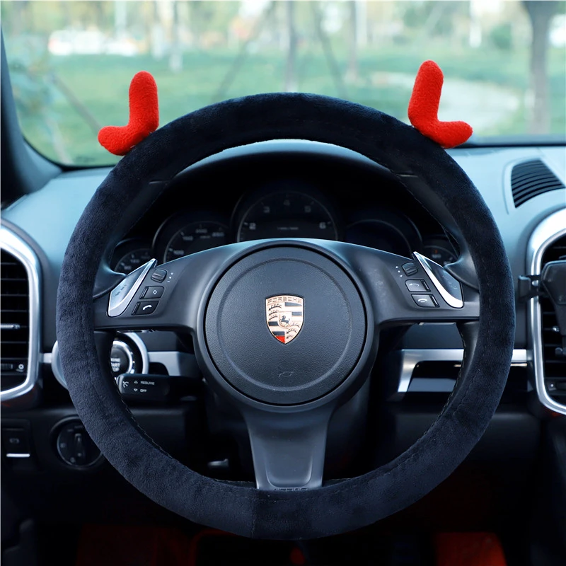 

General Car Steering Wheel Cover Cartoon Creative Devil Antlers Plush Put Gloves Winter Freeze Warm 38CM Cute Car Accessories