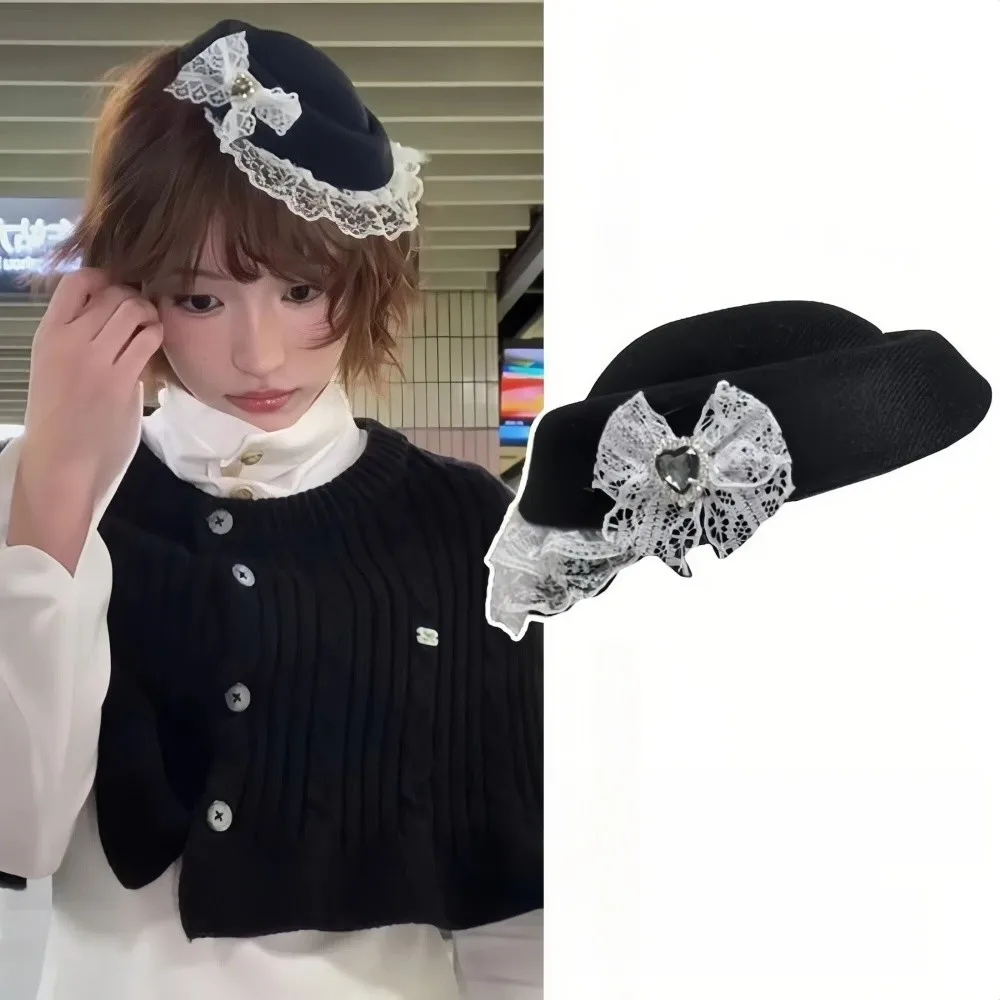Vintage Sweet French Style Lace Billycock Hat Heart Crystal lacework bow-knot Top Hat Elegant Small Bowler Hat Fashion Event