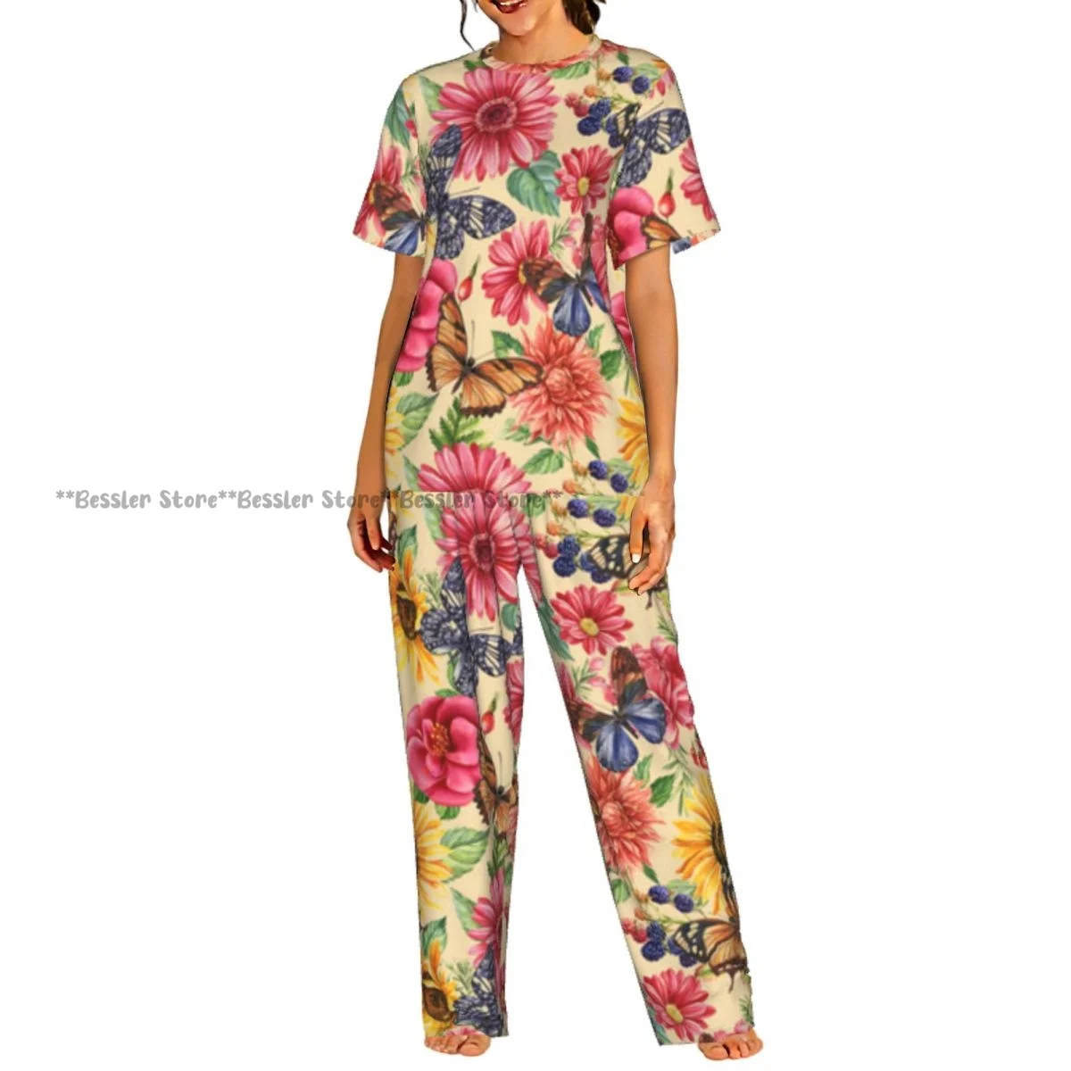 

Women's Pajamas Set Butterflies And Flowers Floral Background Vintage Style Short Sleeve Sleepwear 2 Piece Homewear Loungewear