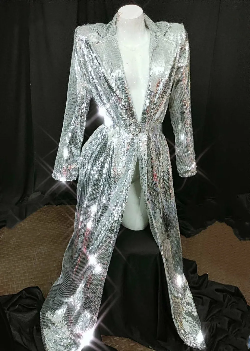 Female Singer DJ Stage Show Silver Jacket Cloak Women Fashion Sparkly Sequins Coat Open Stitch Ds Performance Costume