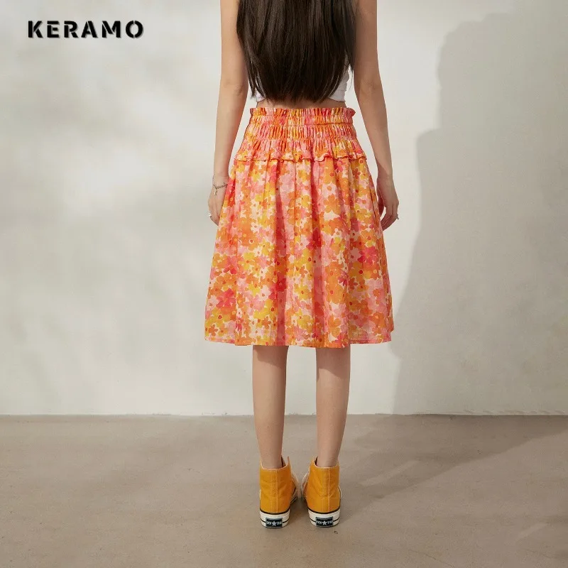 

2025 Summer Fairycore Floral Print Soft Girl Skirts Women's Casual Sweet Style Elegant Chiffon High Waist Knee Length Skirt