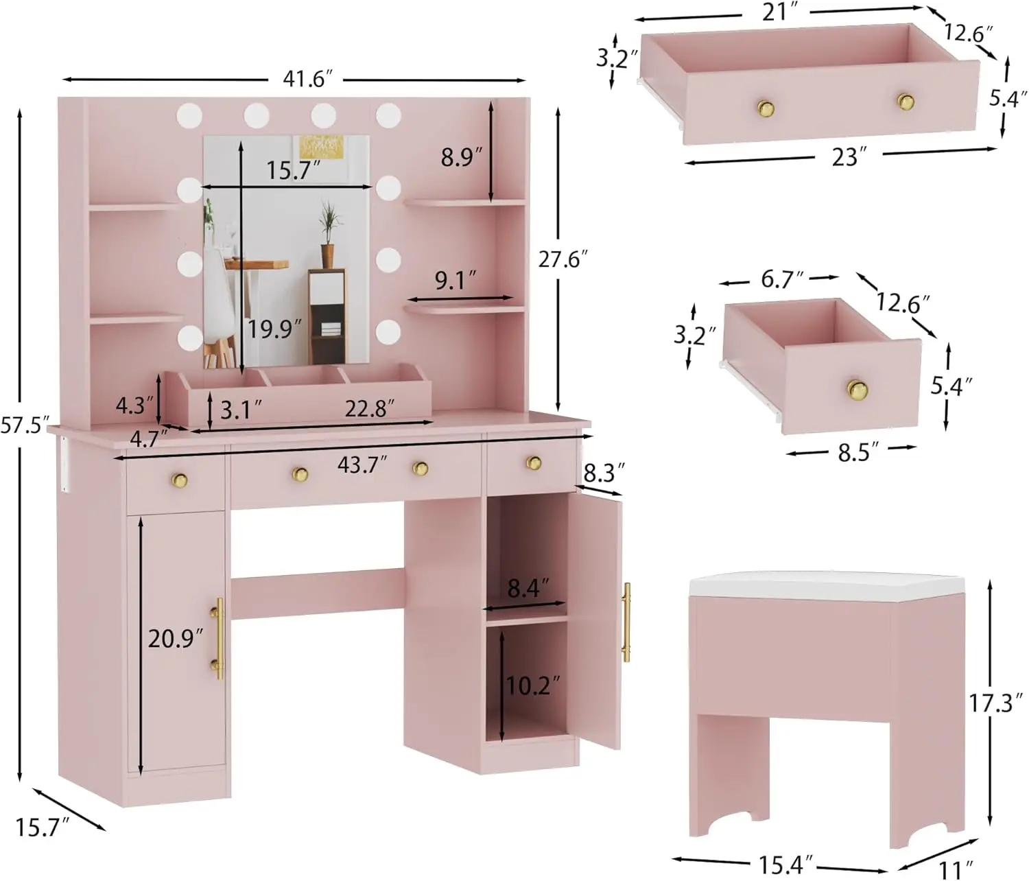 Pink Makeup Vanity with Charging Station & Stool, 3 Drawers and Cabinets White Mirror with RGB LED Lights Vanity