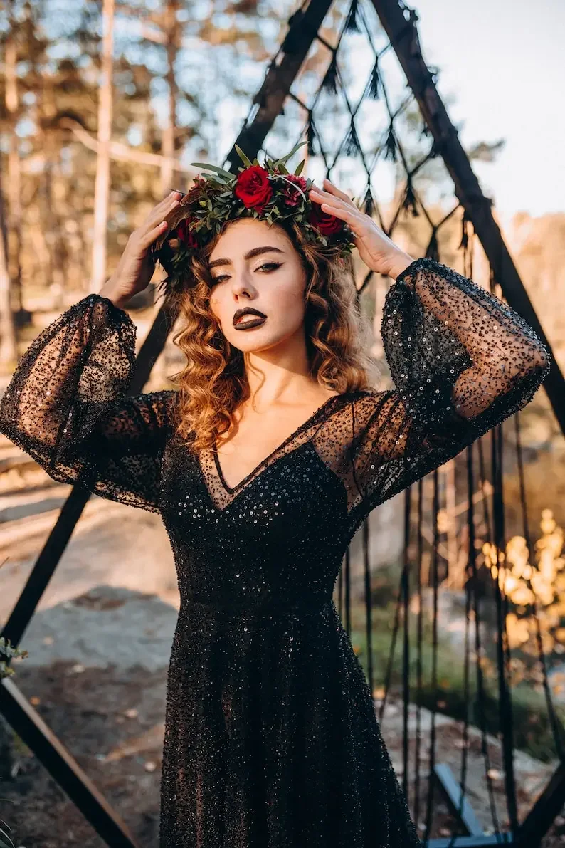 Gaun Pengantin Berkilau Hitam Kustom Gaun Pengantin Hitam A-Line Payet untuk Pengantin Wanita-Gaun Pengantin Gotik, Gaun Prom Hitam |   Putri duyung