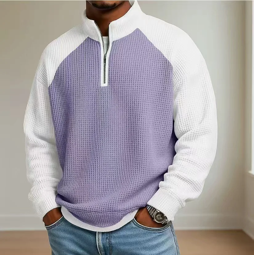 2026 Spring New Casual Mens Sweatshirt Vintage Patchwork Waffle Plaid Textured Pullovers Men Fashion Stand Collar Zipper Jumper