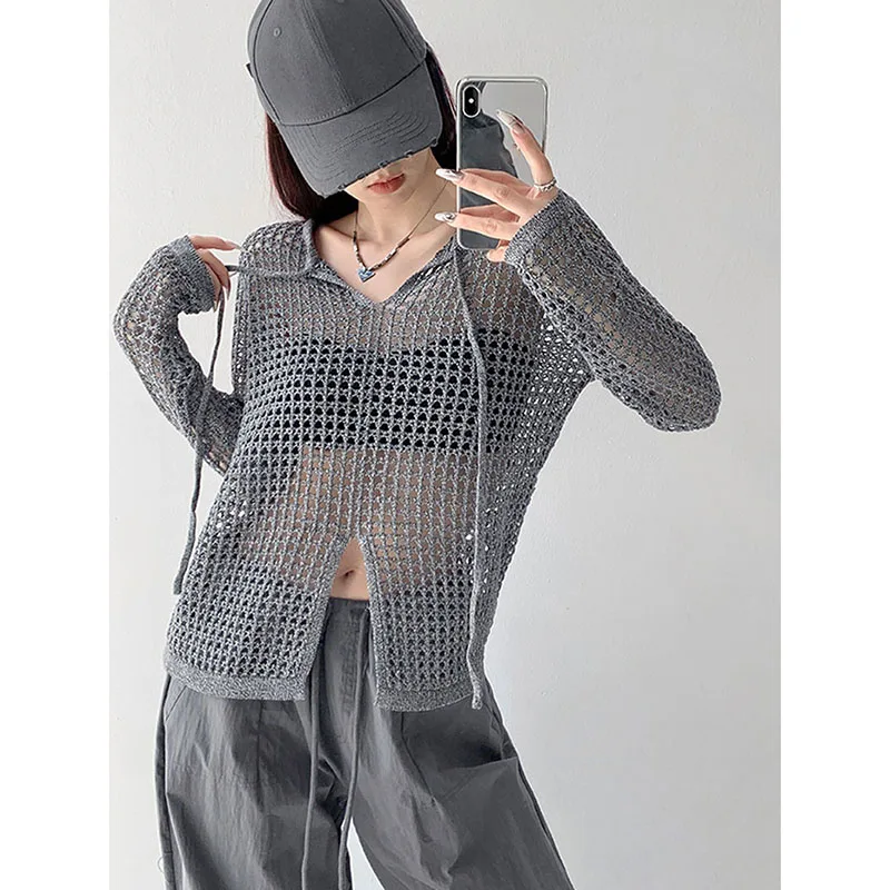 

Streetwear Y2K Fishnet Crochet Tops Female Fashion Hollow Out Split Sun-Proof Pullovers Sexy See Through Mesh Clubwear Knitwear