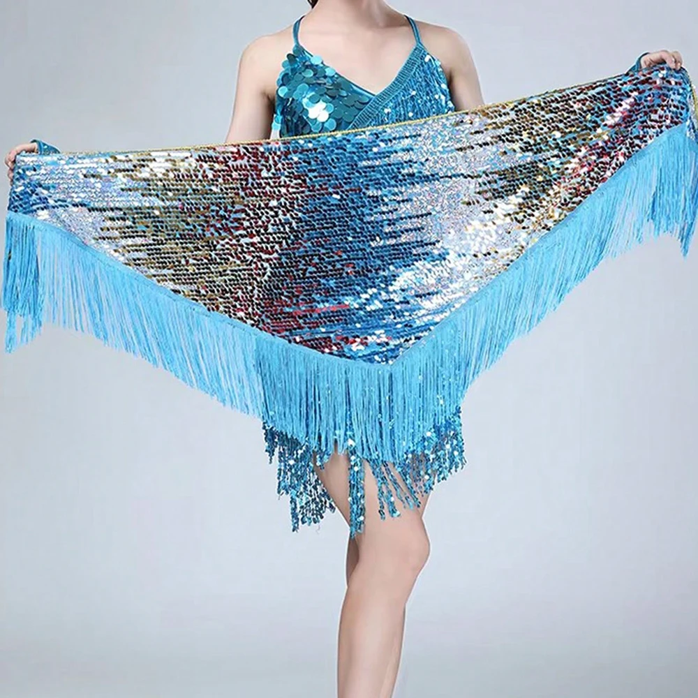 Women's Sequins Belly Dance Hip Scarf with Tassels & Gradient Triangle Lace-Up Skirt