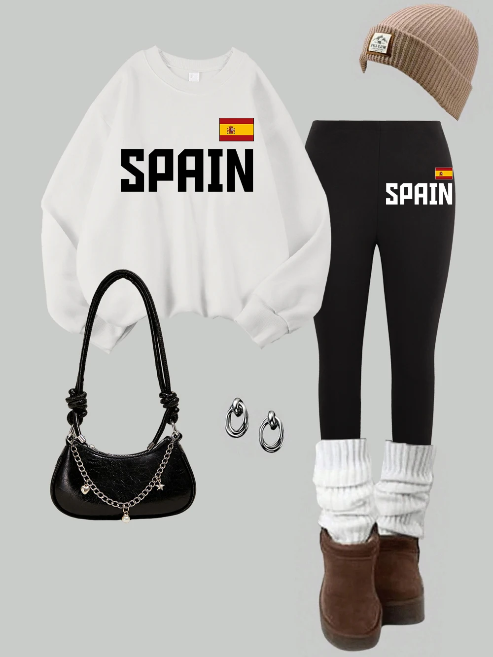 

2 Piece Women Spain Letter National Flag Prints Sweatshirt Leggings Set Autumn Fleece Thermal Hoodie Pants Fashion Woman Clothes
