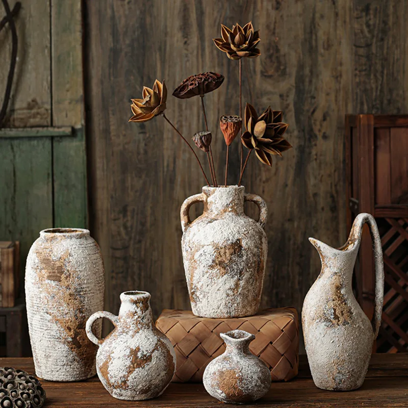 Vintage wabi-sabi style new Chinese zen handmade ceramic enamel vase with mottled coarse pottery finish, suitable for home
