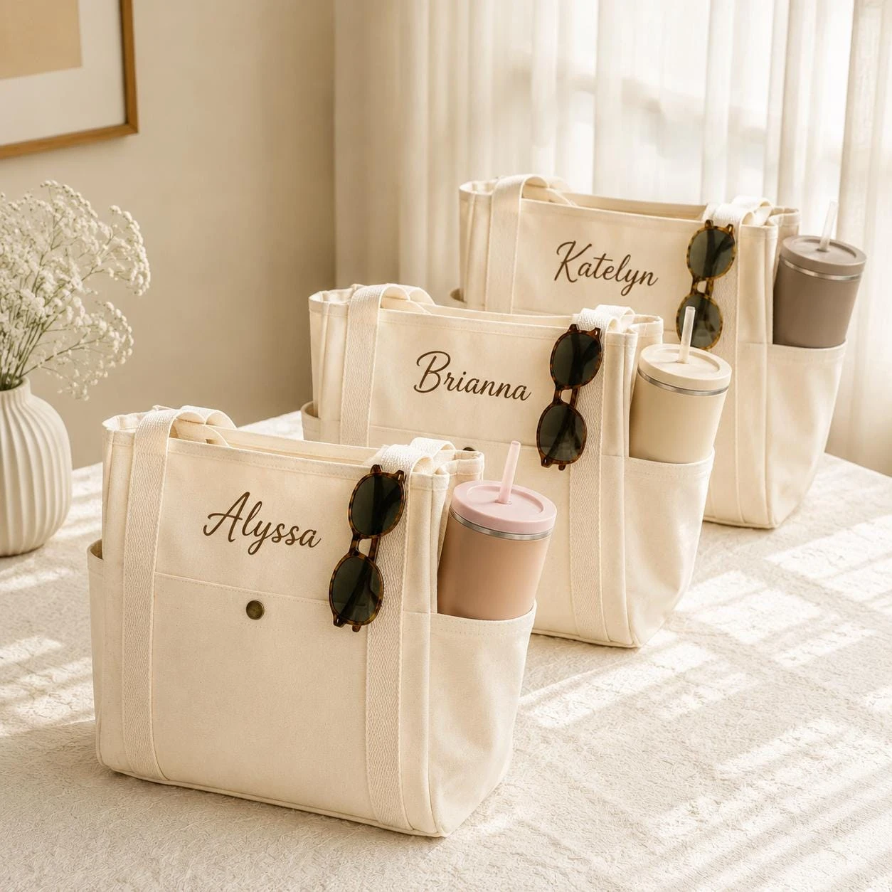 Embroidered Name Tote Bag Personalized Canvas Beach Bag with Initial Ribbon Wedding Gift for Bridesmaid Custom Bridal Party Gift