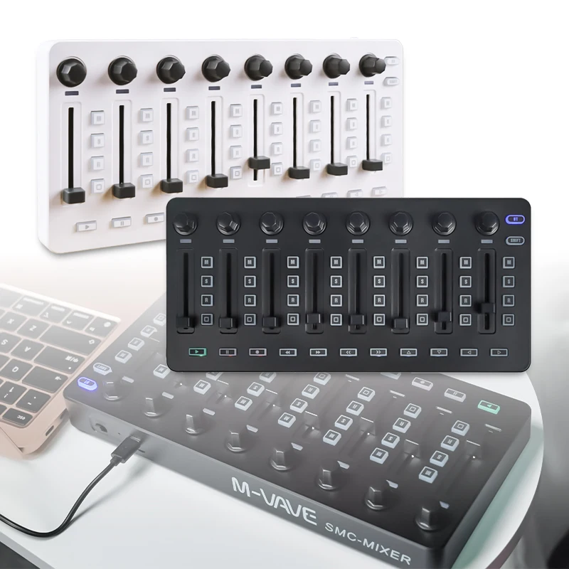 M-VAVE SMC-MIXER Contrôleur MIDI 8 encodeurs rotatifs sans paliers 8 faders 43 boutons assignables Compatible Bluetooth Batterie intégrée