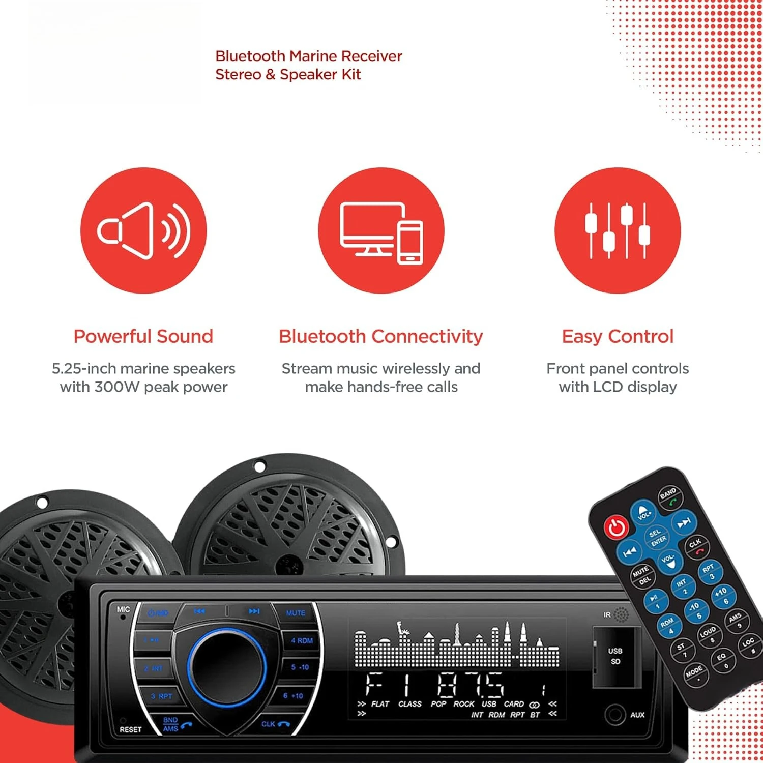 

Marine Headunit Receiver Speaker Kit - In-Dash LCD Digital Stereo Built-in Bluetooth & Microphone w/ AM FM Radio System