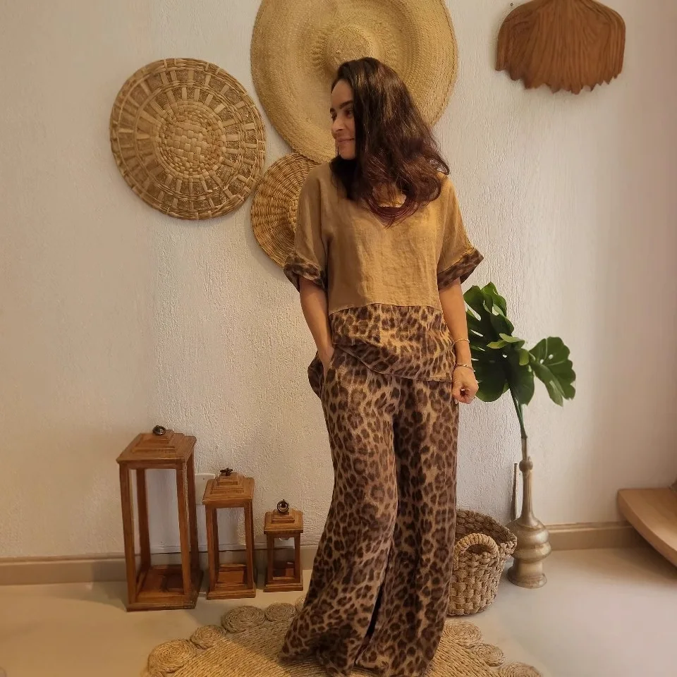 

New fashionable loose splicing short-sleeved top high-waisted wide-leg pants two-piece set fashionable simple and versatile temp