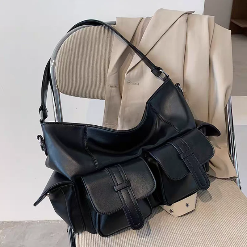 

Y2k Multi-pocket Women's Handbag Black Motorcycle Soft Leather Horizontal Square Shoulder Bag Commuter Crossbody Bag Storage Bag
