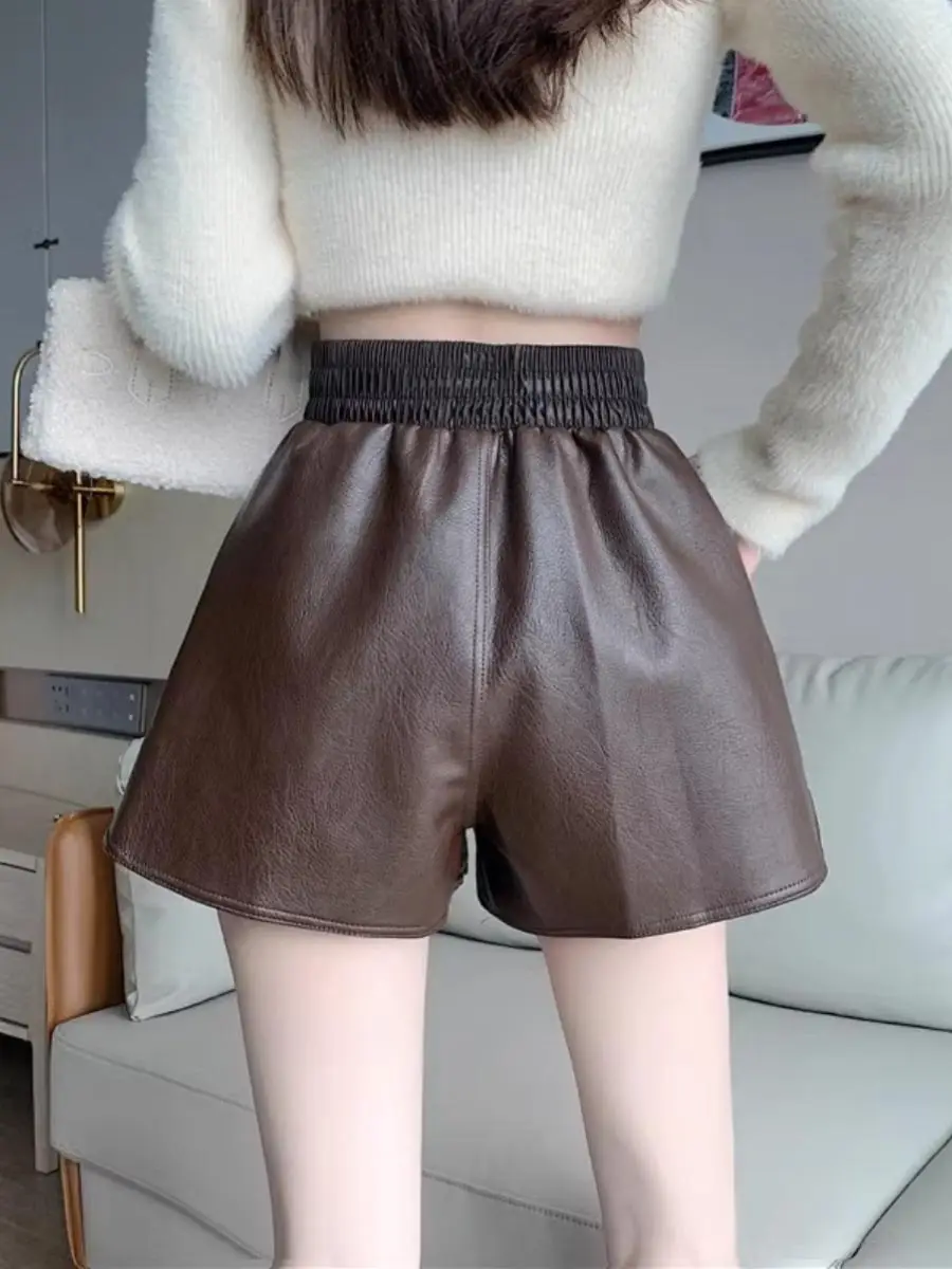 High-waisted Leather Shorts for Women Spring Autumn A-line Wide Leg Shorts Y2k Solid All-match Casual Clothing Vintage Style