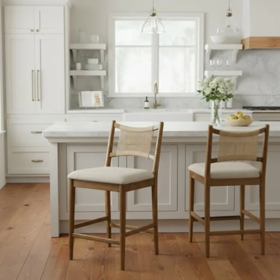 

Arno 25.25 H Bar Stools Set of 2 Indoor Wooden Counter Stools with Upholstered Seat and Rope Back Rubberwood Frame with Footres