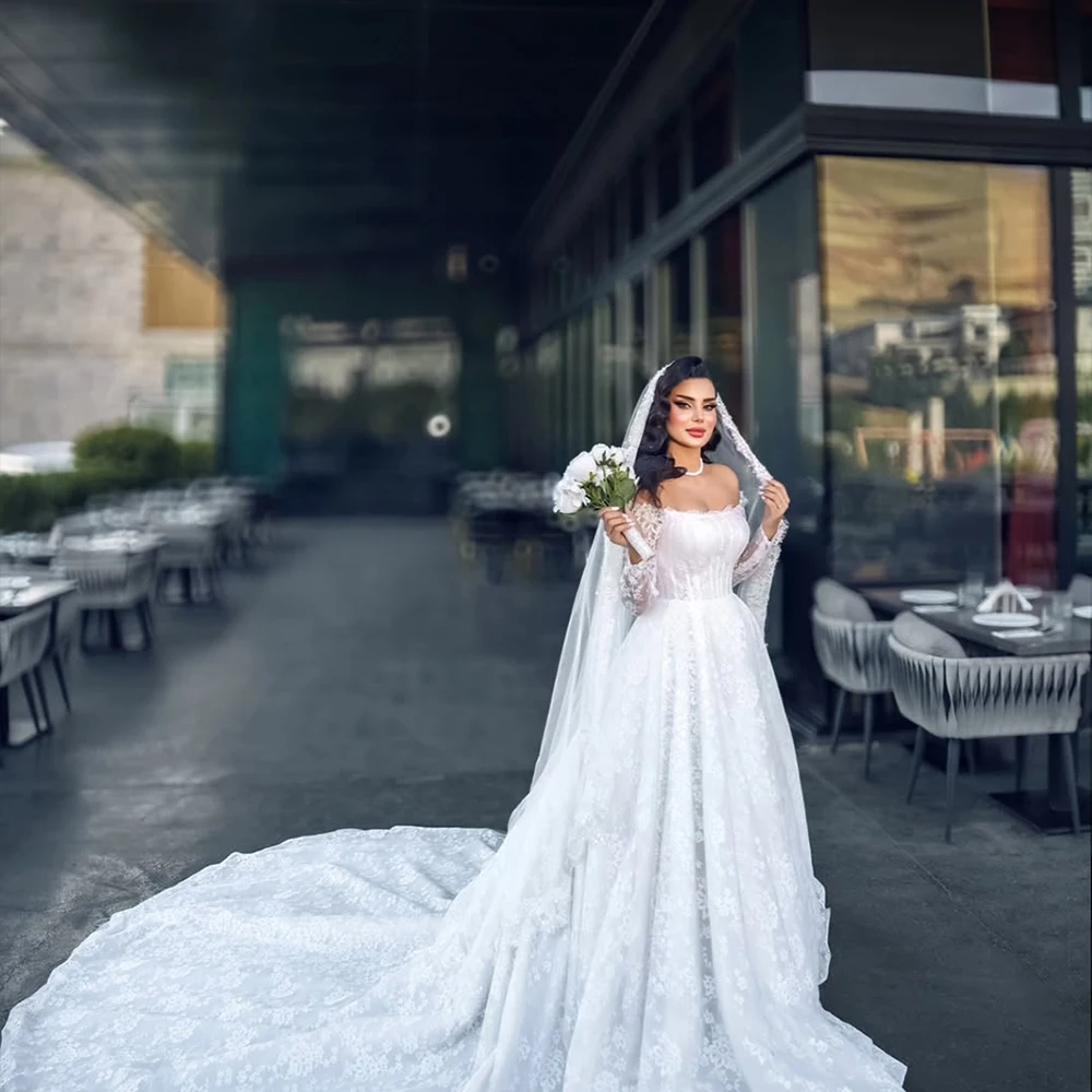 

Exquisite Lace Wedding Dresses Strapless Long Sleeve for Women A-Line Sweep Train Bridal Gowns vestidos de novia Customized