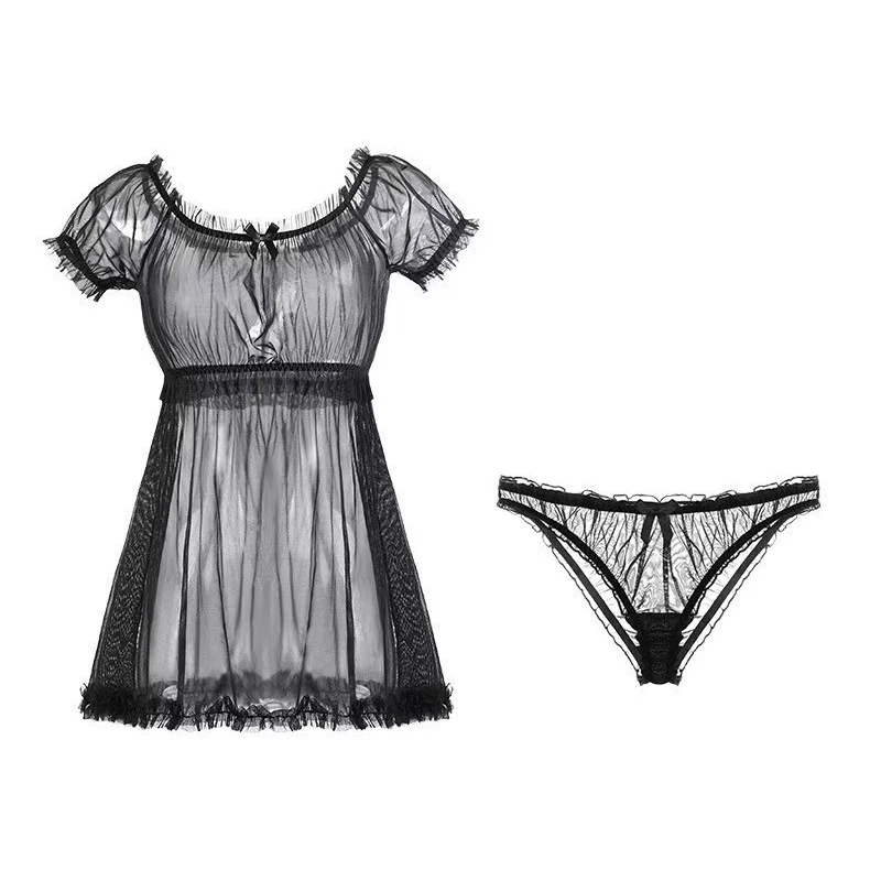 

2Pcs Cute And Sweet Sexy Lingerie Pajamas See-through Provocative Transparent Bed Nightdress Free From Temptation Passion Suit