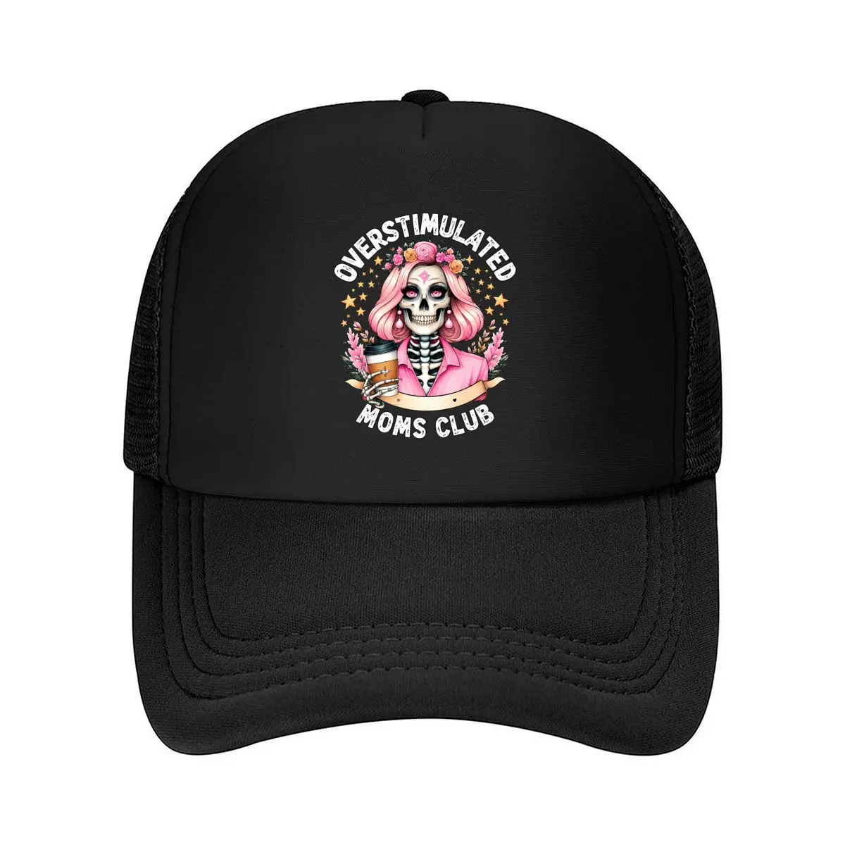 Overstimulated Moms Club Pink Haired Skeleton Mom Floral Stars Mesh Baseball Cap Hip Hop