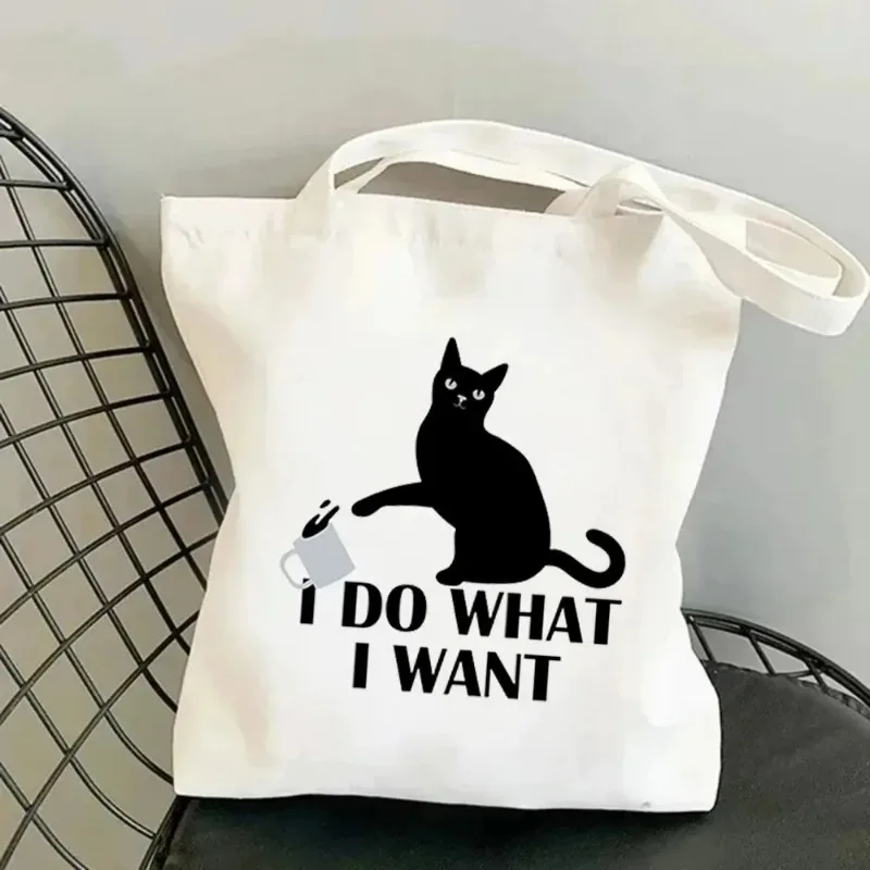 Divertente borsa tote in tela da donna con gatto nero Borse per la spesa di grande capacità Borsa a tracolla femminile con cartoni animati Harajuku