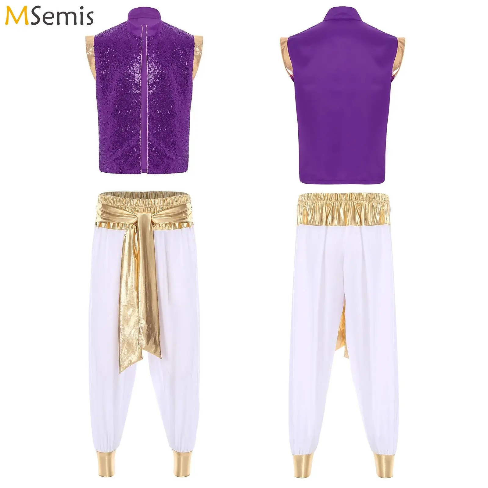 

Mens Sequin Arabian Prince Costume Sleeveless Braided Trimming Open Front Waistcoat with Waistband Pants Halloween Cosplay Party