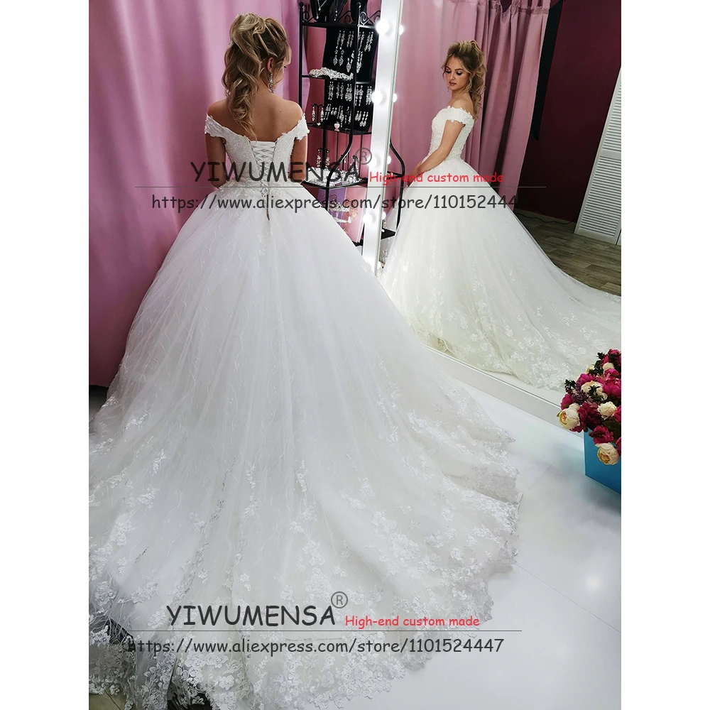 Vestido De boda De princesa De lujo para mujer, con apliques blancos, hombros descubiertos, cuello en V, con cordones, para novia, Fiesta