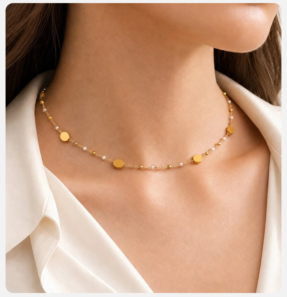 Vnox Minimalistische Stapelbare Halskette und Armbänder mit Imitationsperlen für Damen, Trendiger Edelstahl-Schmuck mit Goldplattierter Ovaler Kette – Detail 9