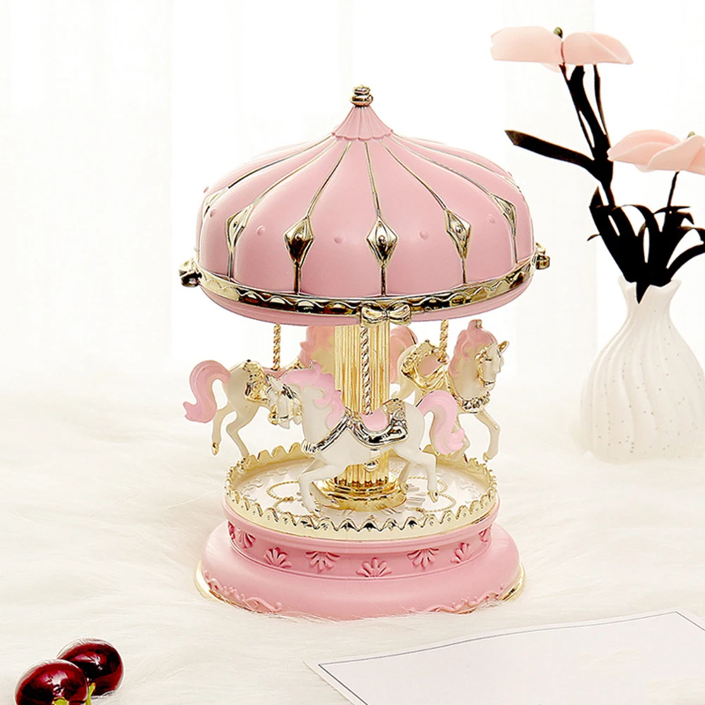 

Rotating Wooden Horse Music Box Pink Glittering Romantic Desktop Decoration Creative Music Box for Family Friends Gift