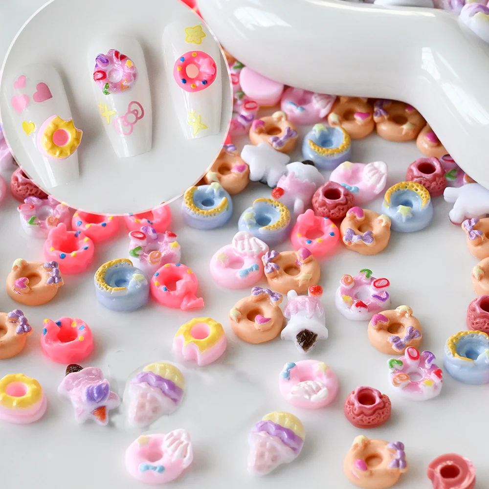 50 pçs 3d misturado dos desenhos animados donut encantos da arte do prego bonito resina donut/sobremesa/aboração unhas decorações diy artesanato manicure acessório