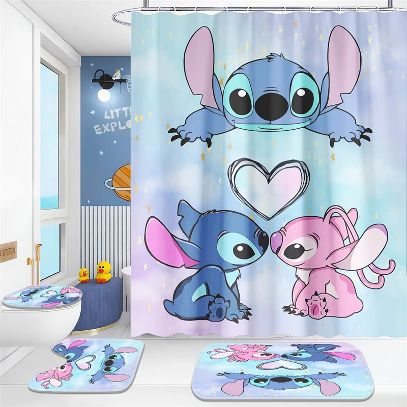 Four-piece Shower Curtain Set, Cute Stitch, Disney Style Starry Sky Background Bathroom Supplies, Waterproof and Mildew-proof