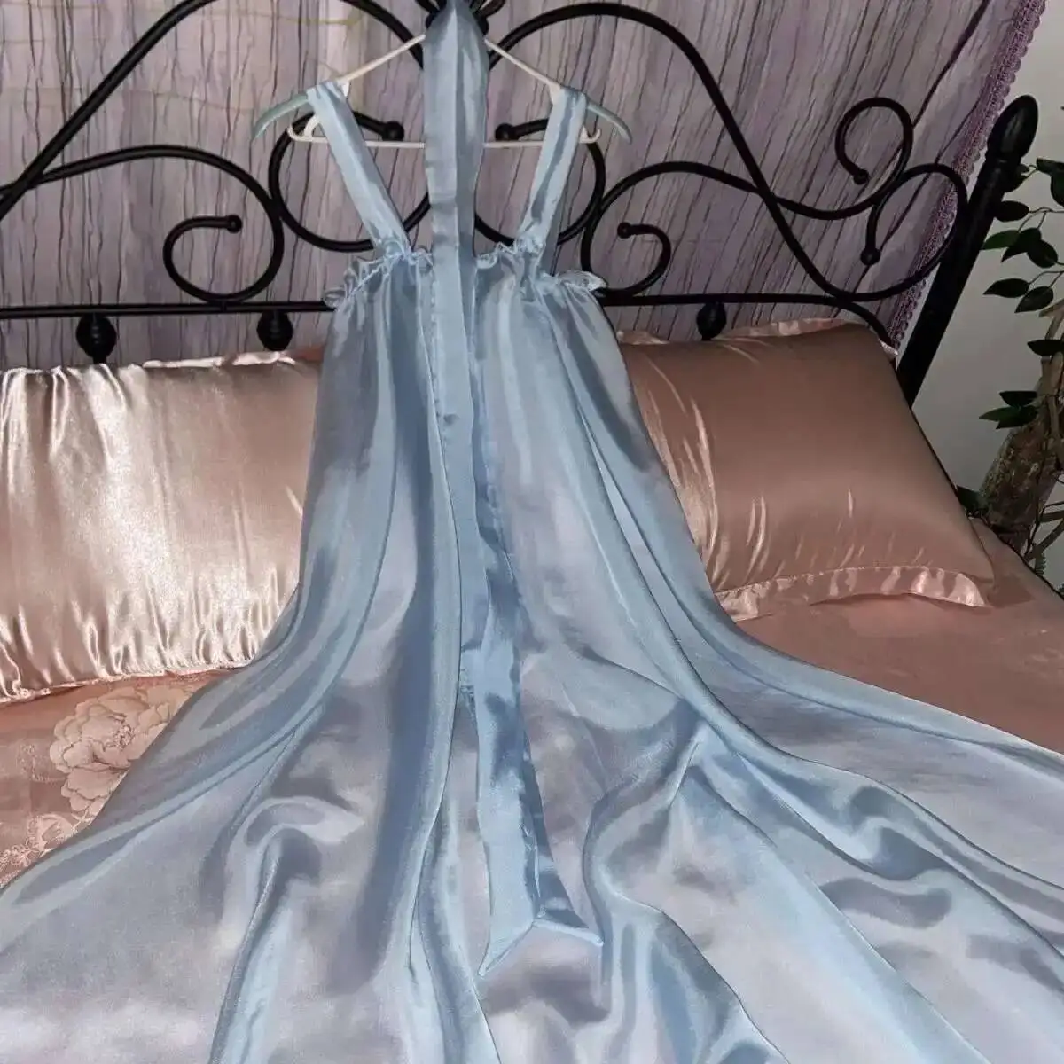 Glossy See Through Ultra Thin Women Satin Sleeveless Long dress Loose Ruffles Dress Sleeping Robe