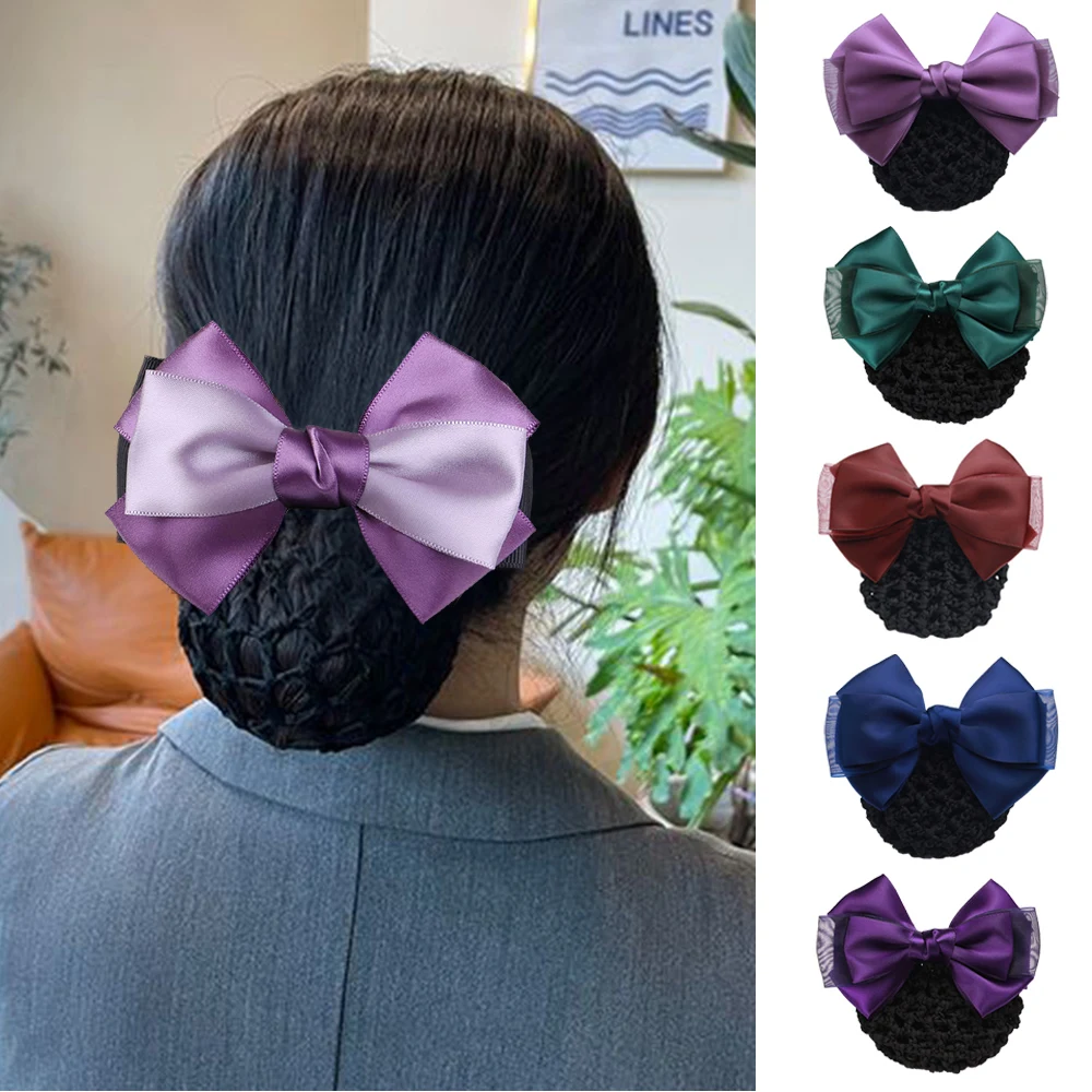 Women Professional Hotel Bank Nurse Bow Barrettes Hairnet Satin Mesh Ribbon Hair Clip French Style Non-Slip Hair Accessories