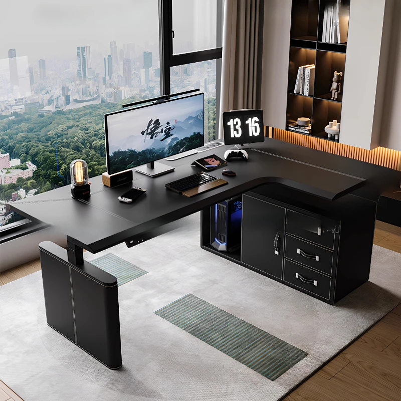 

Corner electric lift table L-shaped corner computer table with storage saddle leather e-sports desk