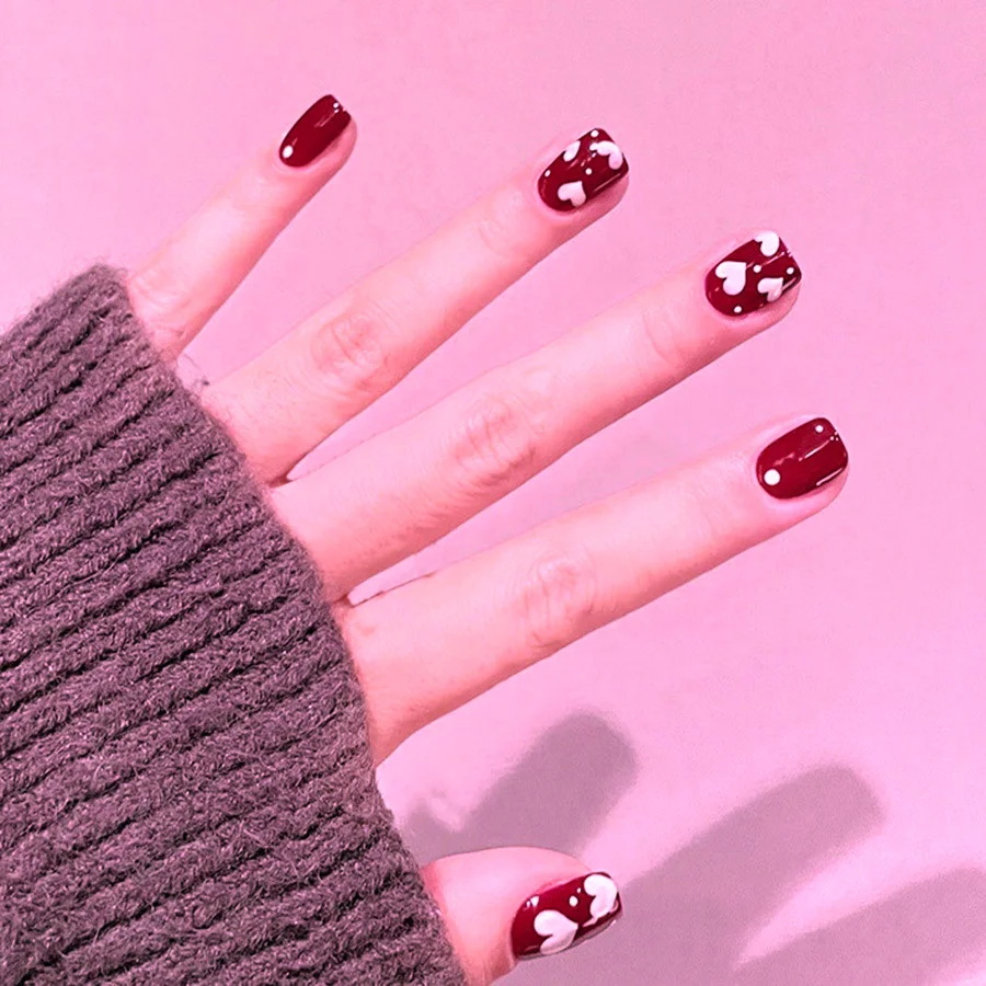 24pcs/set Short Square fake nails for women gilrs cute red white heart full cover nail tips acrylic press on false nail art set view 4