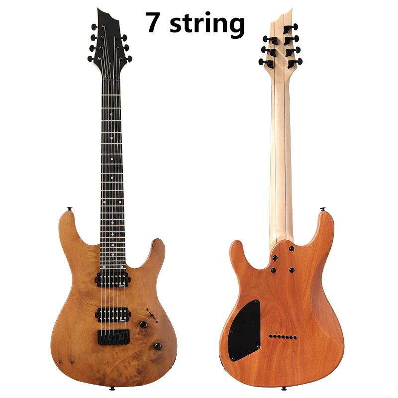 7/8 Strings Tree Burl Top Electric Guitar 39 Inch Red Solid Okoume Wood Body Matte Finish 24 Frets 5 Pcs Maple Wood Combine Neck