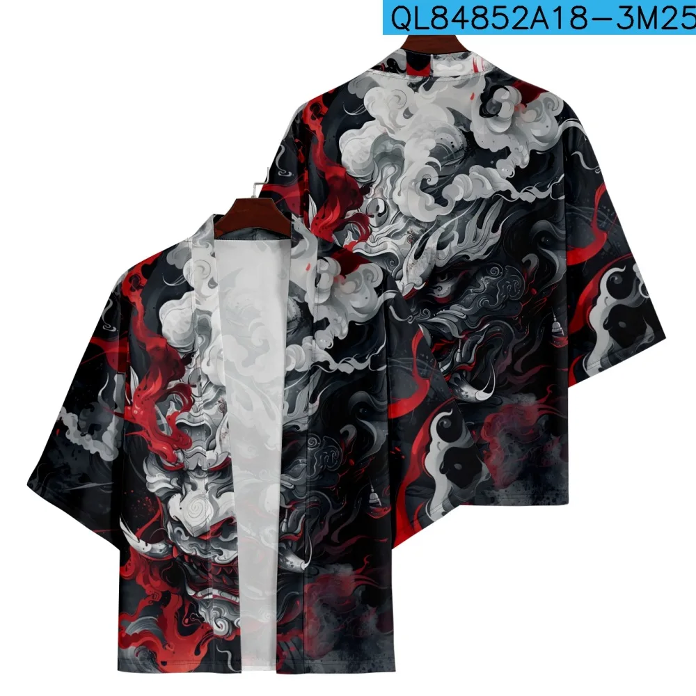 Summer Beach Prajna Print Japanese Samurai Kimono Fashion Men Women Cardigan Haori Obi Oversized Tops