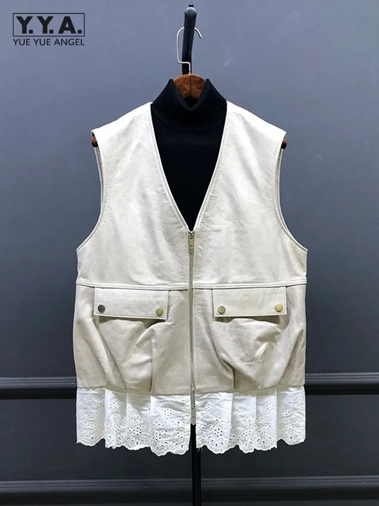 

New Autumn Elegant Women Casual Vintage Zipper Oil Wax V Neck Patchwork Waistcoat Sheepskin Female Genuine Leather Jacket Top