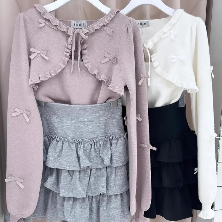 일본식 달콤한 우아한 레이스 업 보우 랜턴 슬리브 짧은 카디건 니트 민소매 슬링 탑 다목적 투피스 세트 여성