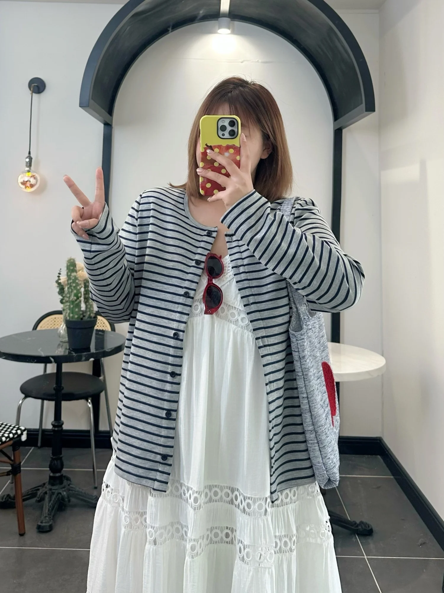

plus Size Women's Striped Open Cardigan Spring New Loose Slimming Meat Covering Long Sleeve Top Commute Style Standard Fit