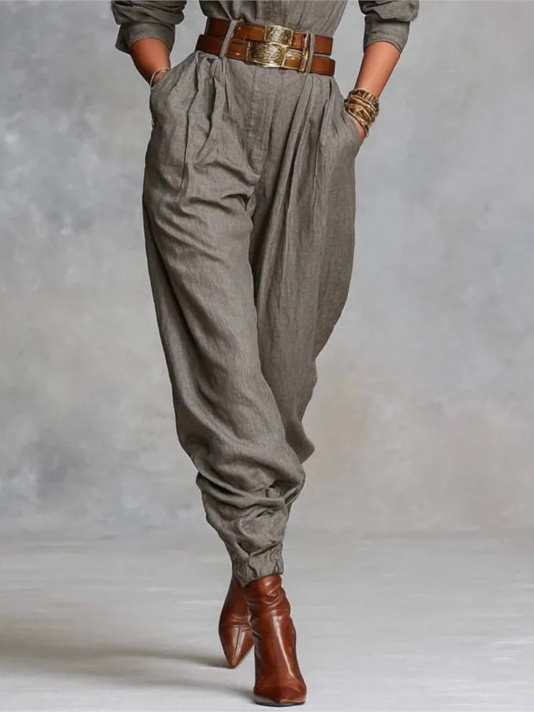 Fashionable Solid Color Half-cardecked Long Sleeve High Waist Jumpsuit (No Belt)Spring Autumn Casual Commuting Women's Jumpsuit