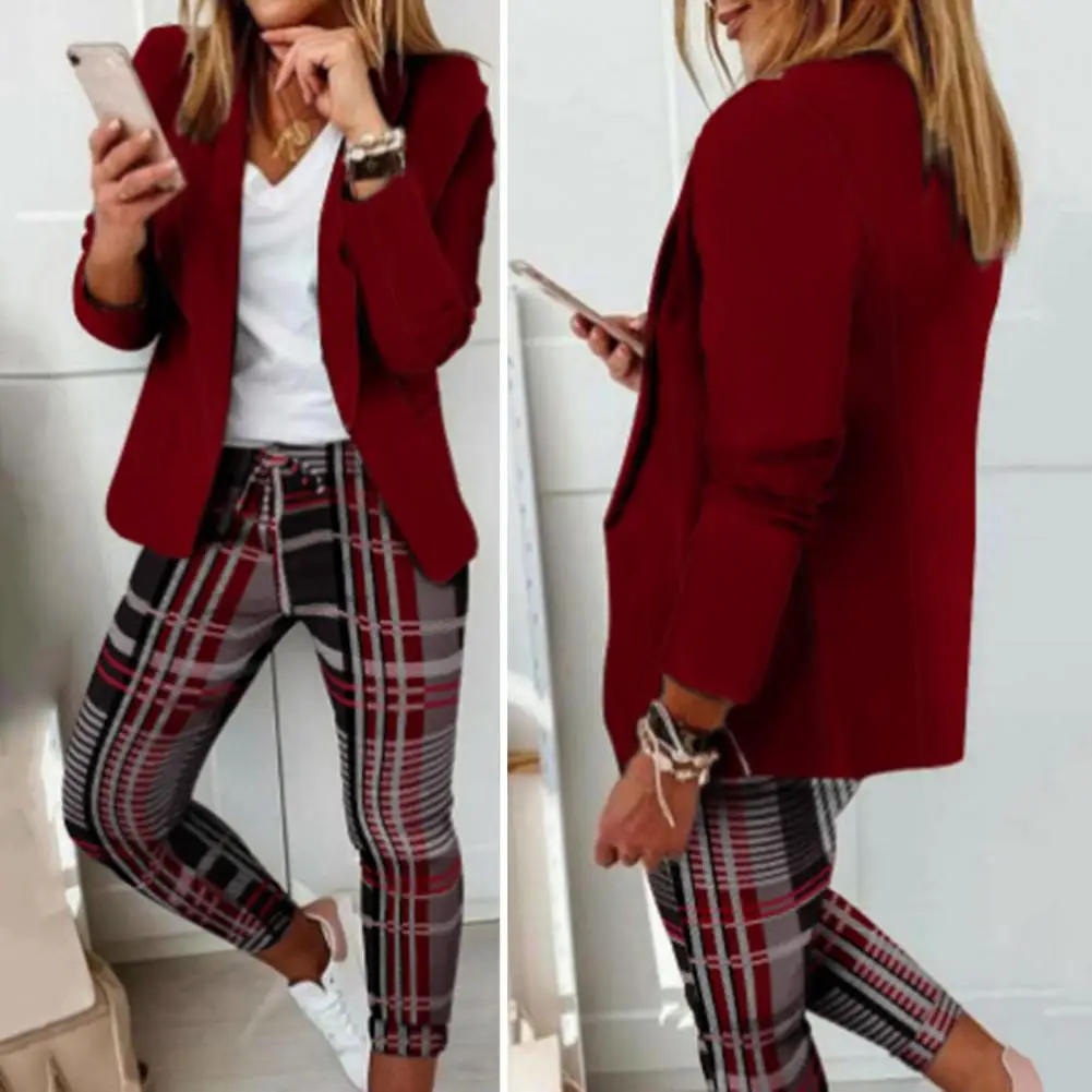 Set jaket celana panjang Slim Fit, jaket panjang Formal motif kotak-kotak elegan untuk wanita, jaket Slim Fit dengan elastis untuk dipakai