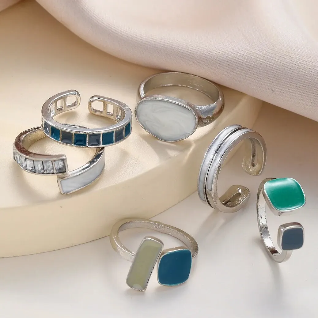 6Pcs New Fashionable Retro Emerald Moonlight Stone Joint Opening Ring Set For Women's Daily Versatile Gift Fashion Accessories image 6